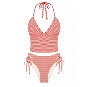 SEAMOLLY STRIPED HALTER TIED TANK TOP & LACE UP SIDE HIPSTER BOTTOM TANKINI SET